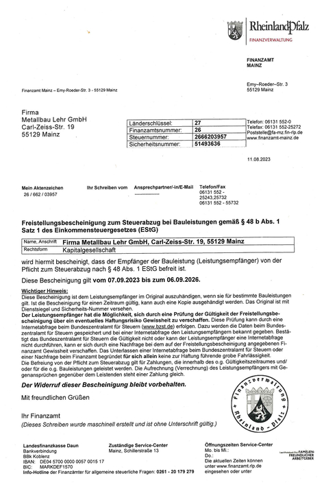 Zertifikat von Metallbau Lehr aus Mainz